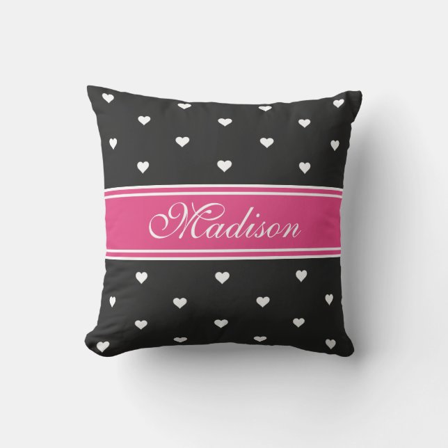 Hot Pink and Black Personalised Name Tiny Hearts Cushion (Front)