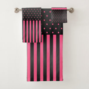 Hot Pink and Black Polka Dots and Stripes Bath Towel Set
