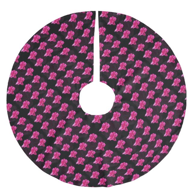 Hot Pink And Black Rose Pattern, Brushed Polyester Tree Skirt (Front)