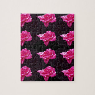Hot Pink And Black Rose Pattern, Jigsaw Puzzle