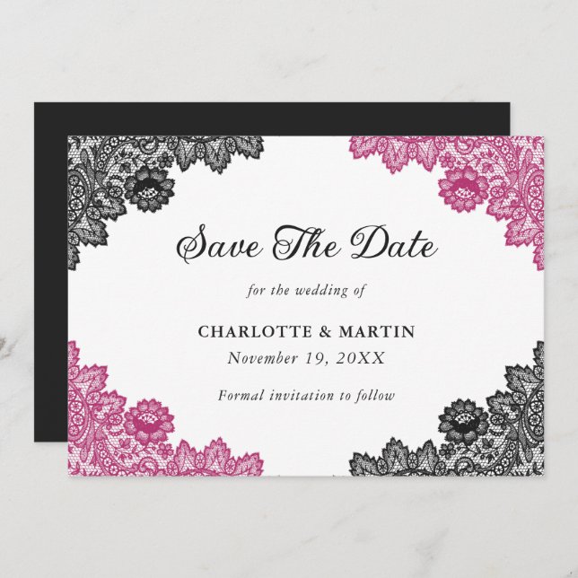 Hot Pink and Black Rustic Floral Lace Wedding Save The Date (Front/Back)