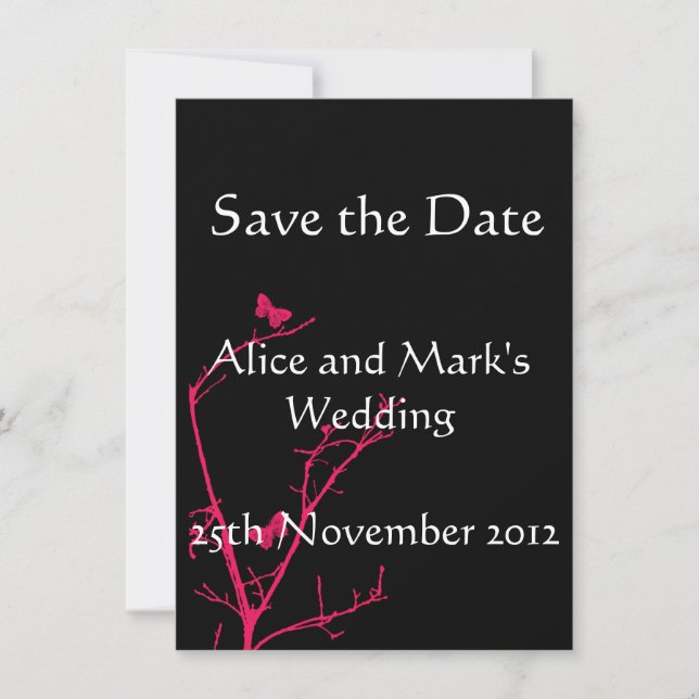 hot pink and black save the date card (Front)