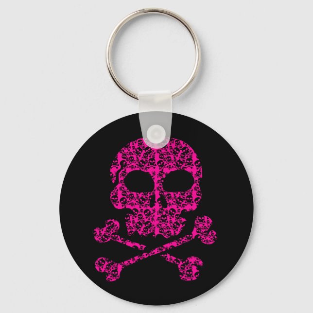 Hot Pink and Black Skulls for Halloween Key Ring (Front)