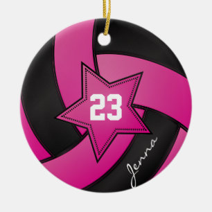 Hot Pink and Black Star Volleyball Ceramic Ornament