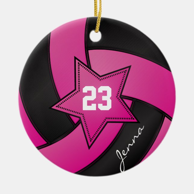 Hot Pink and Black Star Volleyball Ceramic Ornament (Front)