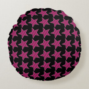 Hot Pink and Black Striped Stars Round Pillow