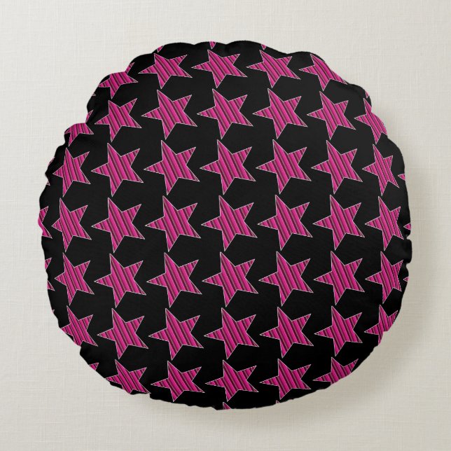 Hot Pink and Black Striped Stars Round Pillow (Front)