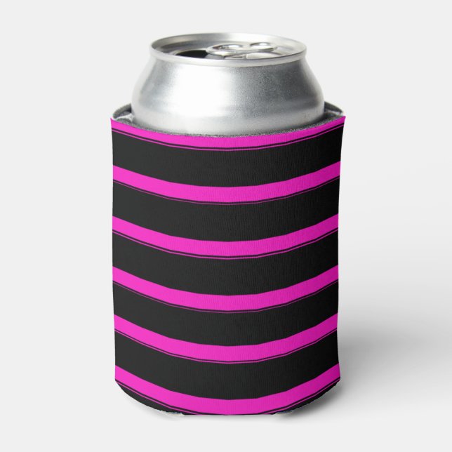 Hot Pink and Black Stripes Pattern Can Cooler (Can Front)