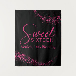 Hot Pink and Black Sweet 16 Backdrop Tapestry