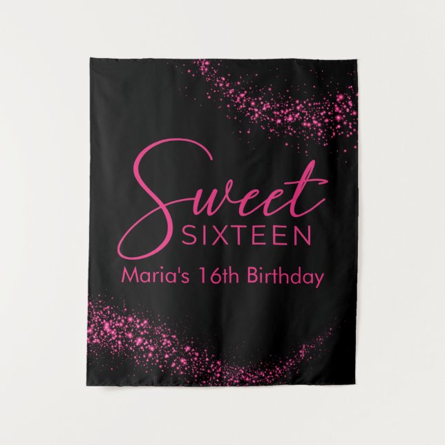 Hot Pink and Black Sweet 16 Backdrop Tapestry (Front)