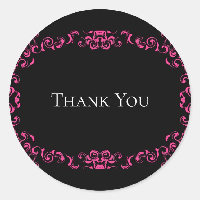 Hot Pink and Black Swirl Gothic Wedding Classic Round Sticker (Front)