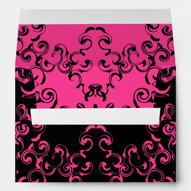 Hot Pink and Black Swirl Gothic Wedding Envelope (Back (Bottom))
