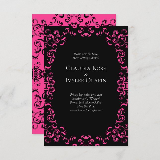 Hot Pink and Black Swirl Gothic Wedding Invitation (Front/Back)