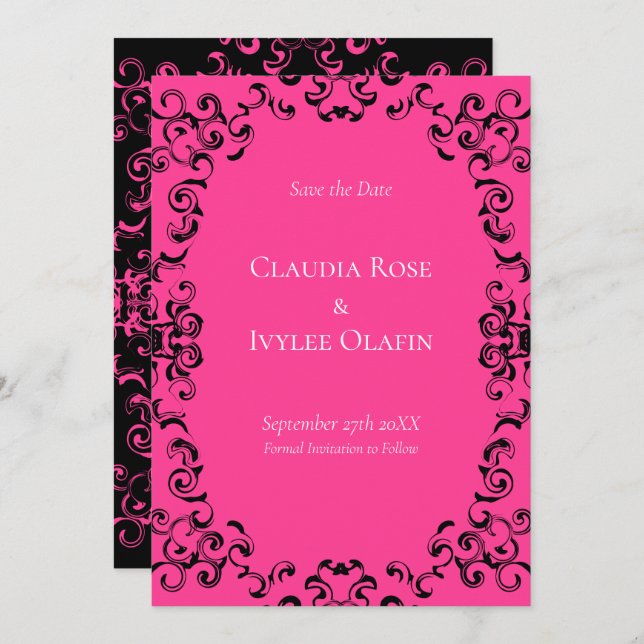 Hot Pink and Black Swirl Gothic Wedding Invitation (Front/Back)