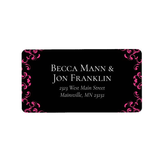 Hot Pink and Black Swirl Gothic Wedding Label (Front)