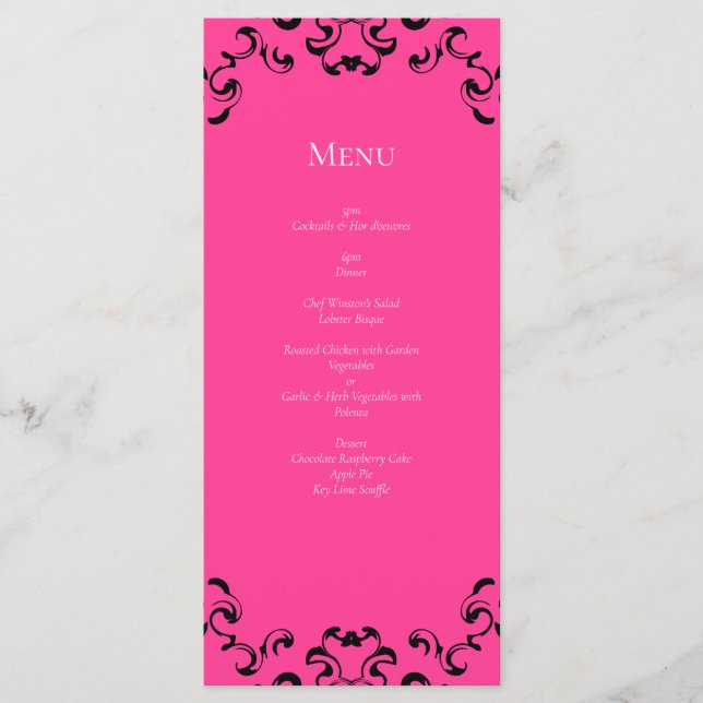 Hot Pink and Black Swirl Gothic Wedding Menu (Front)