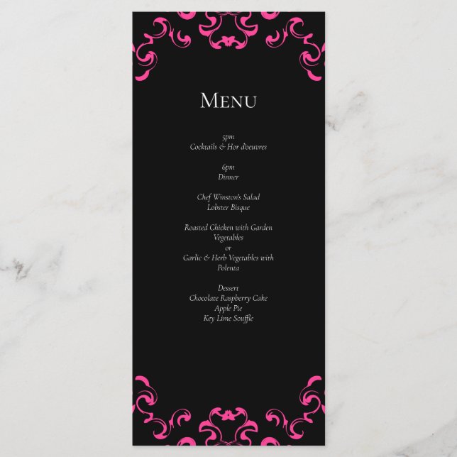 Hot Pink and Black Swirl Gothic Wedding Menu (Front)
