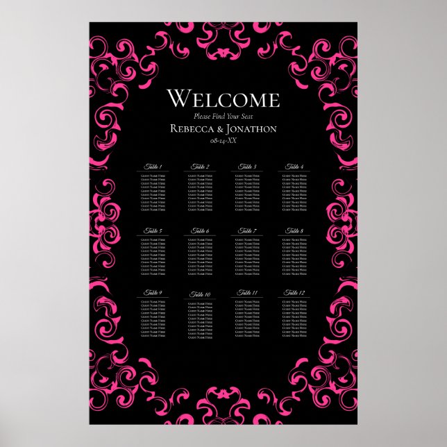Hot Pink and Black Swirl Gothic Wedding Poster (Front)