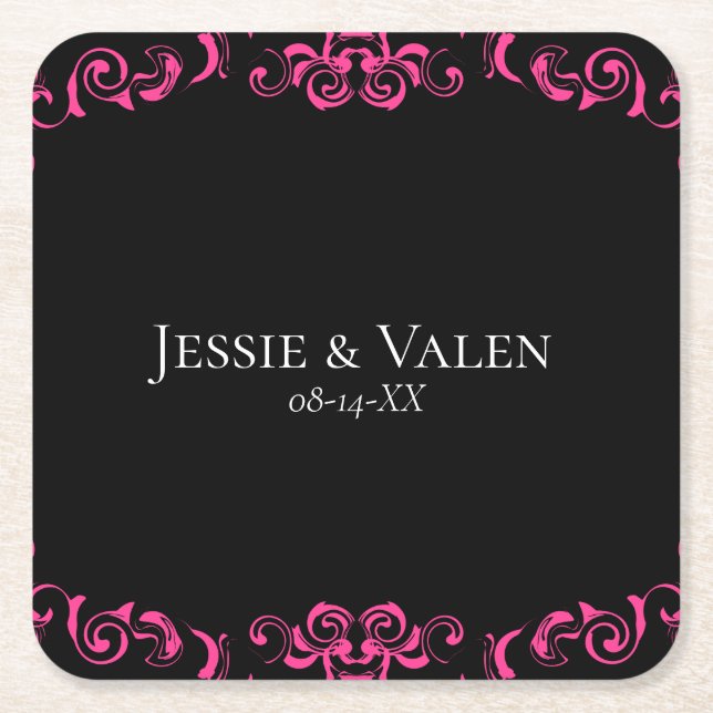 Hot Pink and Black Swirl Gothic Wedding Square Paper Coaster (Front)