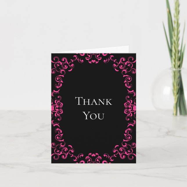 Hot Pink and Black Swirl Gothic Wedding Thank You Card (Front)