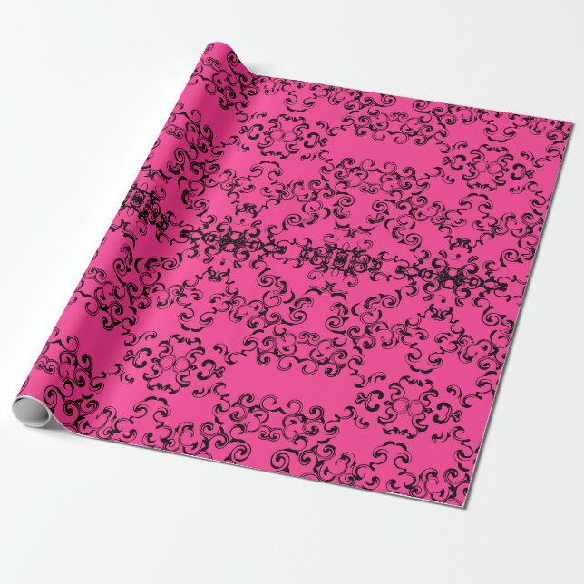 Hot Pink and Black Swirl Gothic Wedding Wrapping Paper (Unrolled)