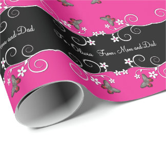 Hot Pink and Black Swirly Flowers Wrapping Paper