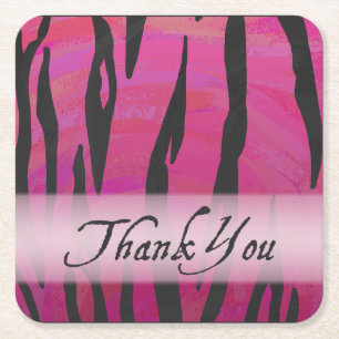 Hot Pink and Black Tiger Stripe Thank You Square Paper Coaster