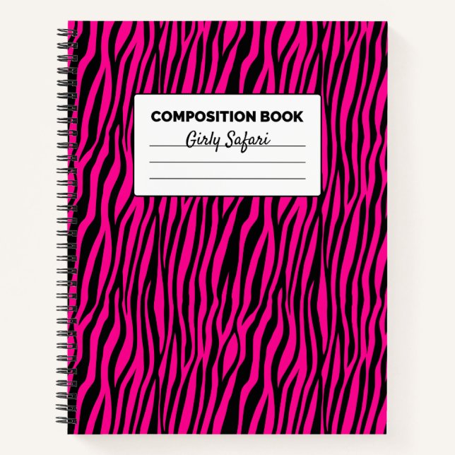 Hot Pink and Black Tiger Stripes Composition Notebook (Front)