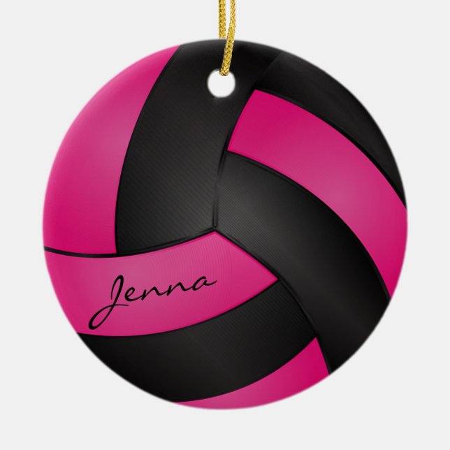 Hot Pink and Black Volleyball | DIY Name Ceramic Ornament (Front)