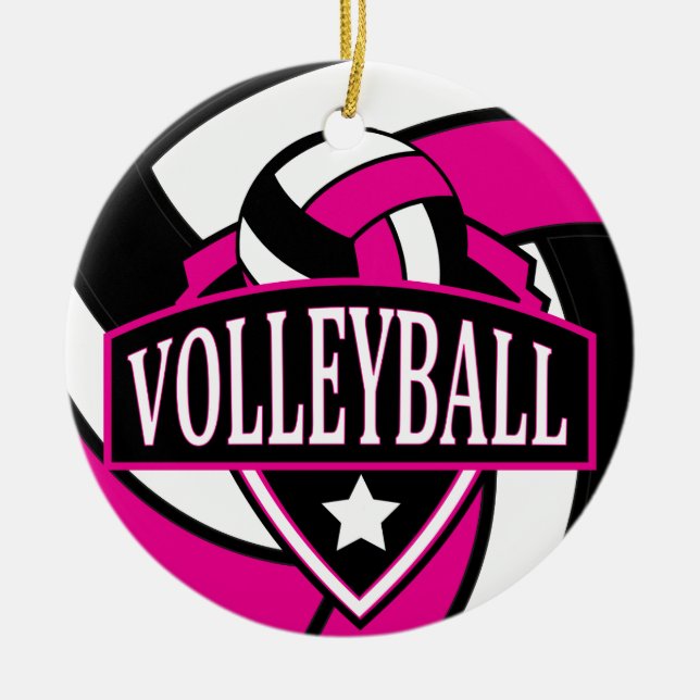 Hot Pink and Black Volleyball Logo Ceramic Ornament (Front)