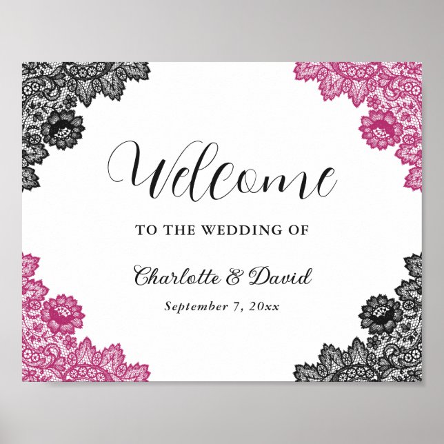 Hot Pink and Black Wedding Welcome Sign (Front)