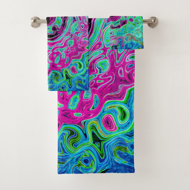 Hot Pink and Blue Groovy Abstract Retro Swirl Bath Towel Set (Insitu)