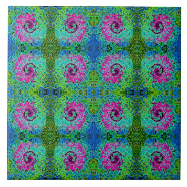 Hot Pink and Blue Groovy Abstract Retro Swirl Ceramic Tile (Front)