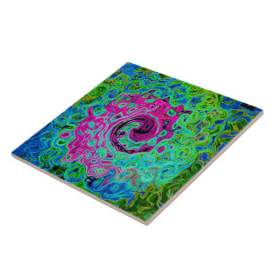 Hot Pink and Blue Groovy Abstract Retro Swirl Ceramic Tile