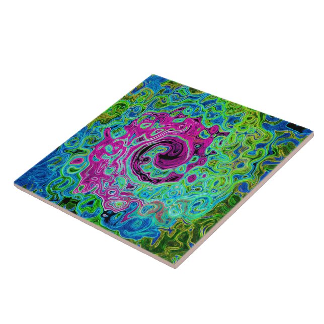 Hot Pink and Blue Groovy Abstract Retro Swirl Ceramic Tile (Side)