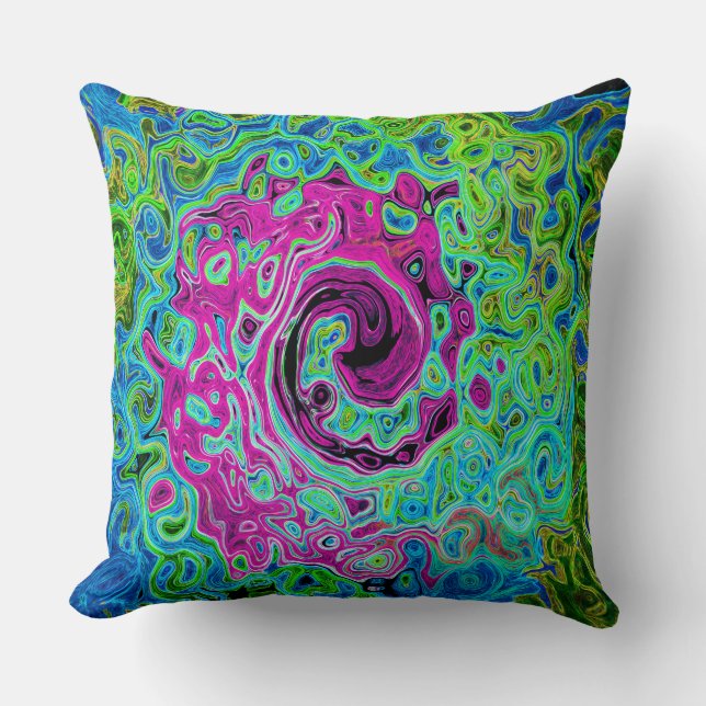 Hot Pink and Blue Groovy Abstract Retro Swirl Cushion (Front)