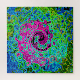 Hot Pink and Blue Groovy Abstract Retro Swirl Jigsaw Puzzle