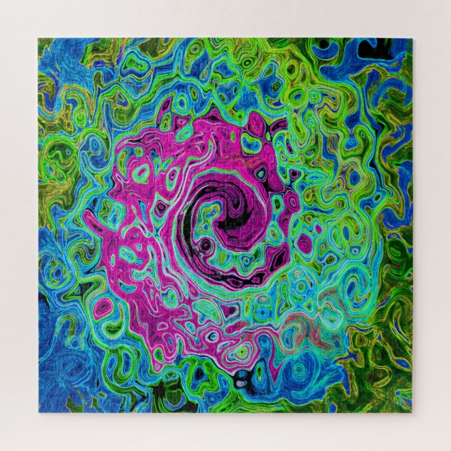 Hot Pink and Blue Groovy Abstract Retro Swirl Jigsaw Puzzle (Vertical)