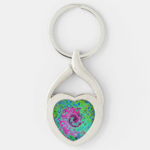 Hot Pink and Blue Groovy Abstract Retro Swirl Key Ring