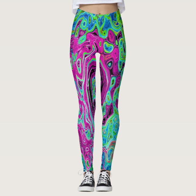Hot Pink and Blue Groovy Abstract Retro Swirl Leggings (Front)