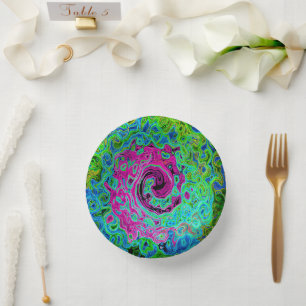 Hot Pink and Blue Groovy Abstract Retro Swirl Paper Plate