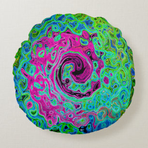 Hot Pink and Blue Groovy Abstract Retro Swirl Round Cushion