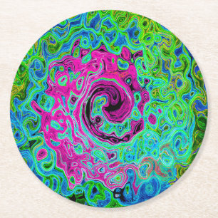 Hot Pink and Blue Groovy Abstract Retro Swirl Round Paper Coaster