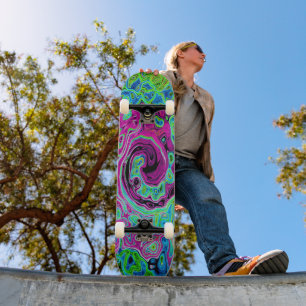 Hot Pink and Blue Groovy Abstract Retro Swirl Skateboard