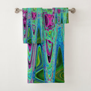 Hot Pink and Blue Groovy Abstract Retro Waves Bath Towel Set