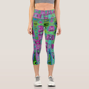 Hot Pink and Blue Groovy Abstract Retro Waves Capri Leggings