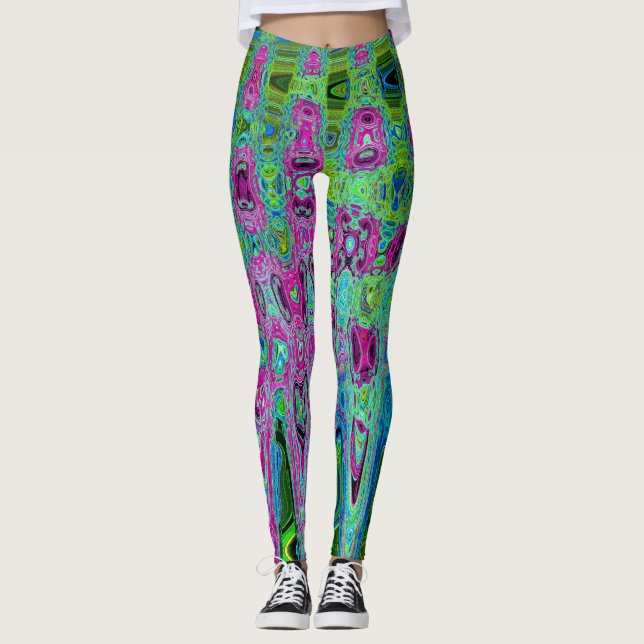 Hot Pink and Blue Groovy Abstract Retro Waves Leggings (Front)