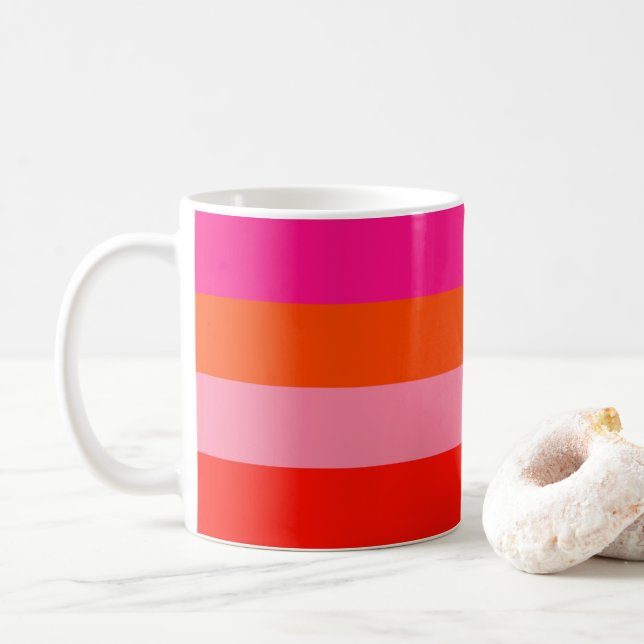 Hot Pink and Bright Orange Stripes  Coffee Mug (With Donut)