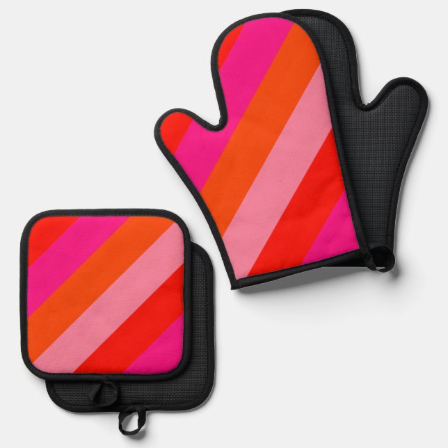 Hot Pink and Bright Orange Stripes  Oven Mitt & Pot Holder Set (Front/Back)