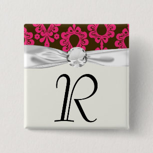 hot pink and brown damask design 15 cm square badge